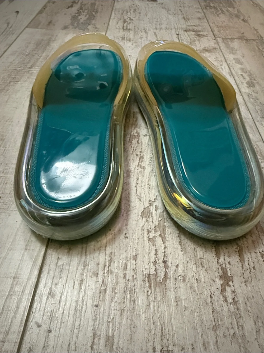 Tory Burch Iridescent Cream Jelly Slide Sandals with Teal Footbed